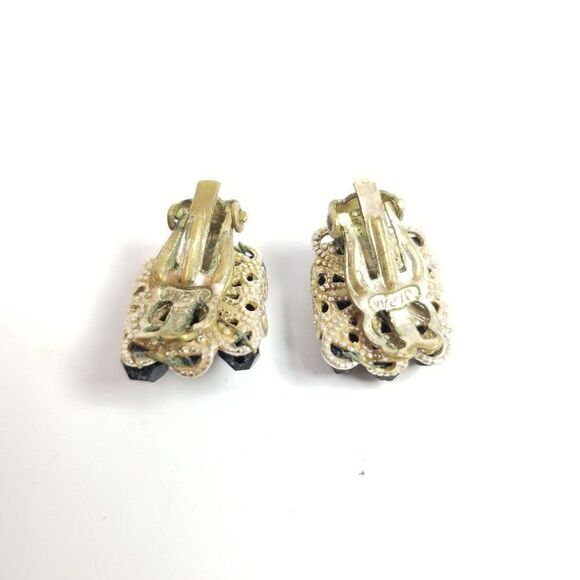 Vintage Black Faceted Bead Cluster Clip On Earrings, Square Shape Retro Sparkle - Picture 3 of 5